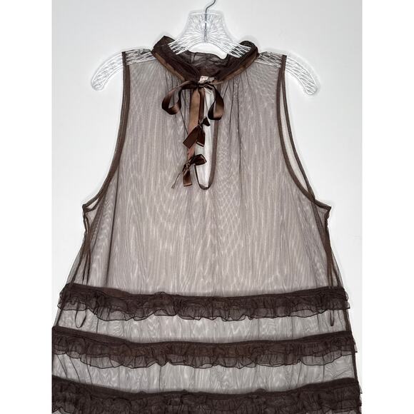 Free People Sheer Brown Tulle Ruffle Mini sexy  Dress with Bow Neck Tie large - Picture 7 of 11